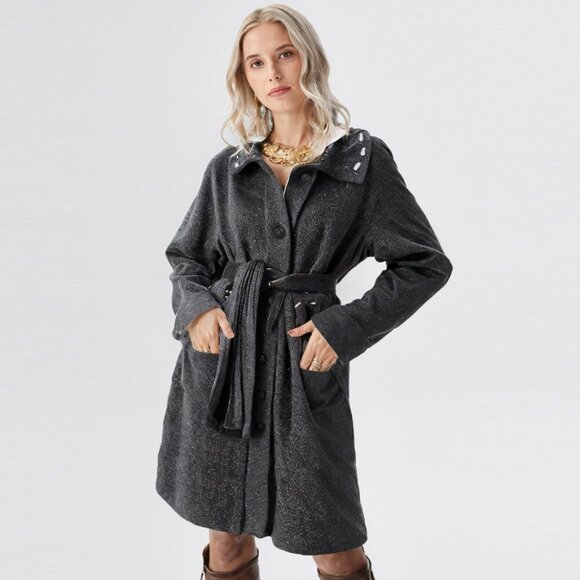 Vintage Wool Fen-nelli Coat Limited Edition Winter Jacket Grey Leather Trim - Picture 10 of 15